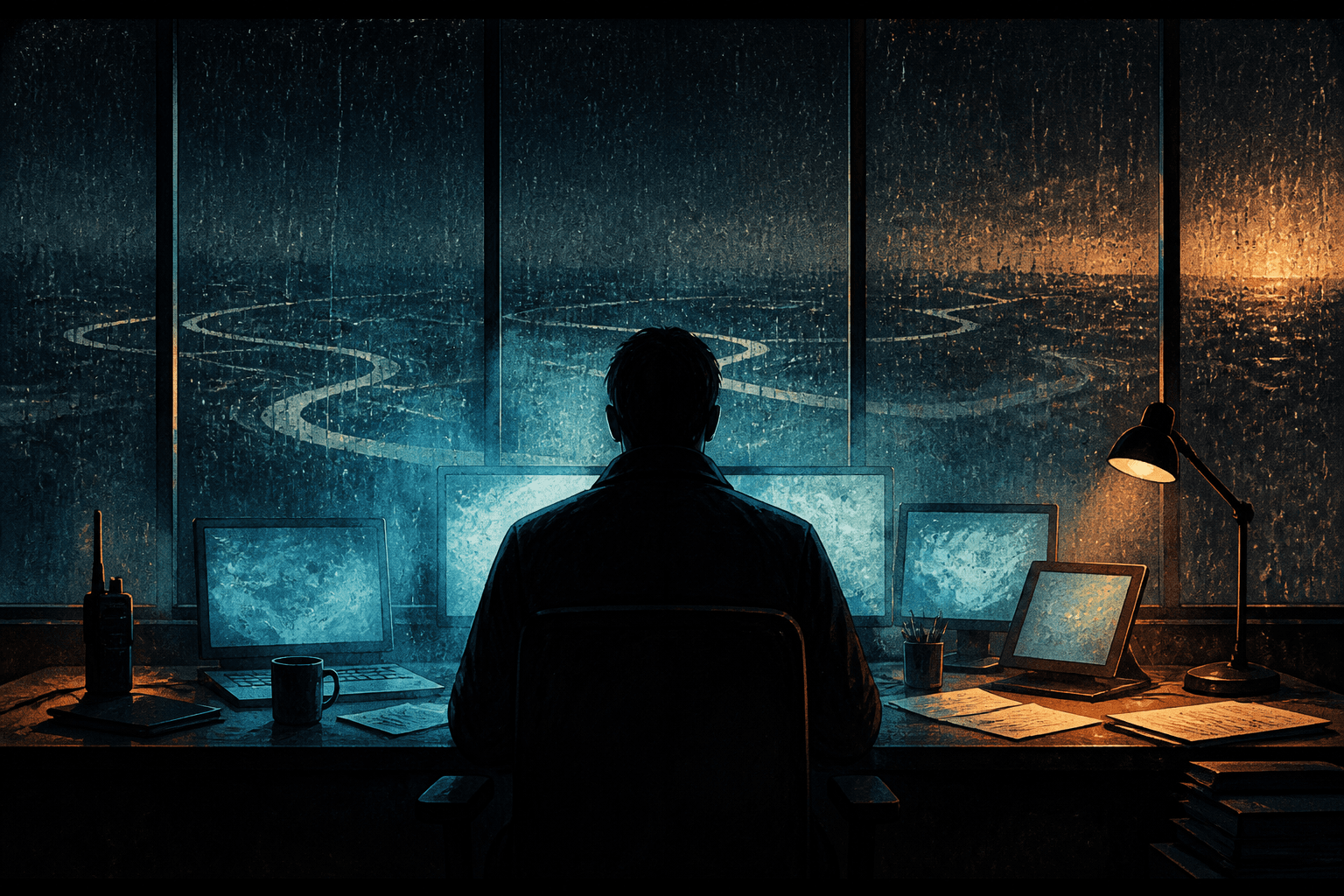 A lone analyst at a desk of screens at night, a river map on the glass behind them