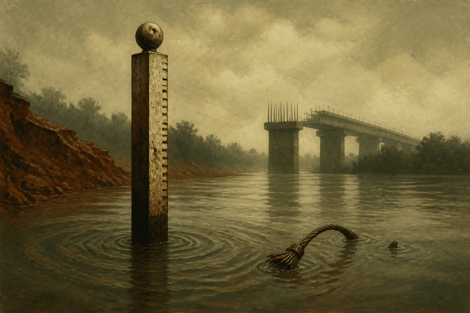 A staff gauge standing in a flat river, an unfinished bridge behind it in the haze