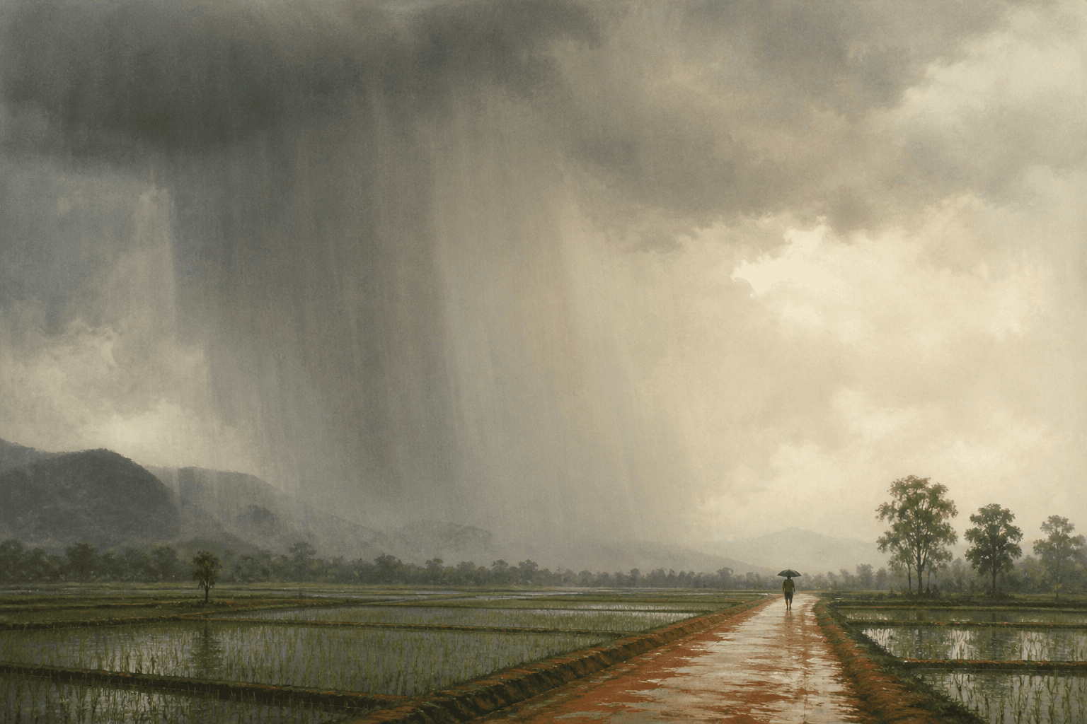 A wall of monsoon rain falling from the hills onto flooded paddy, with a single figure walking the bund