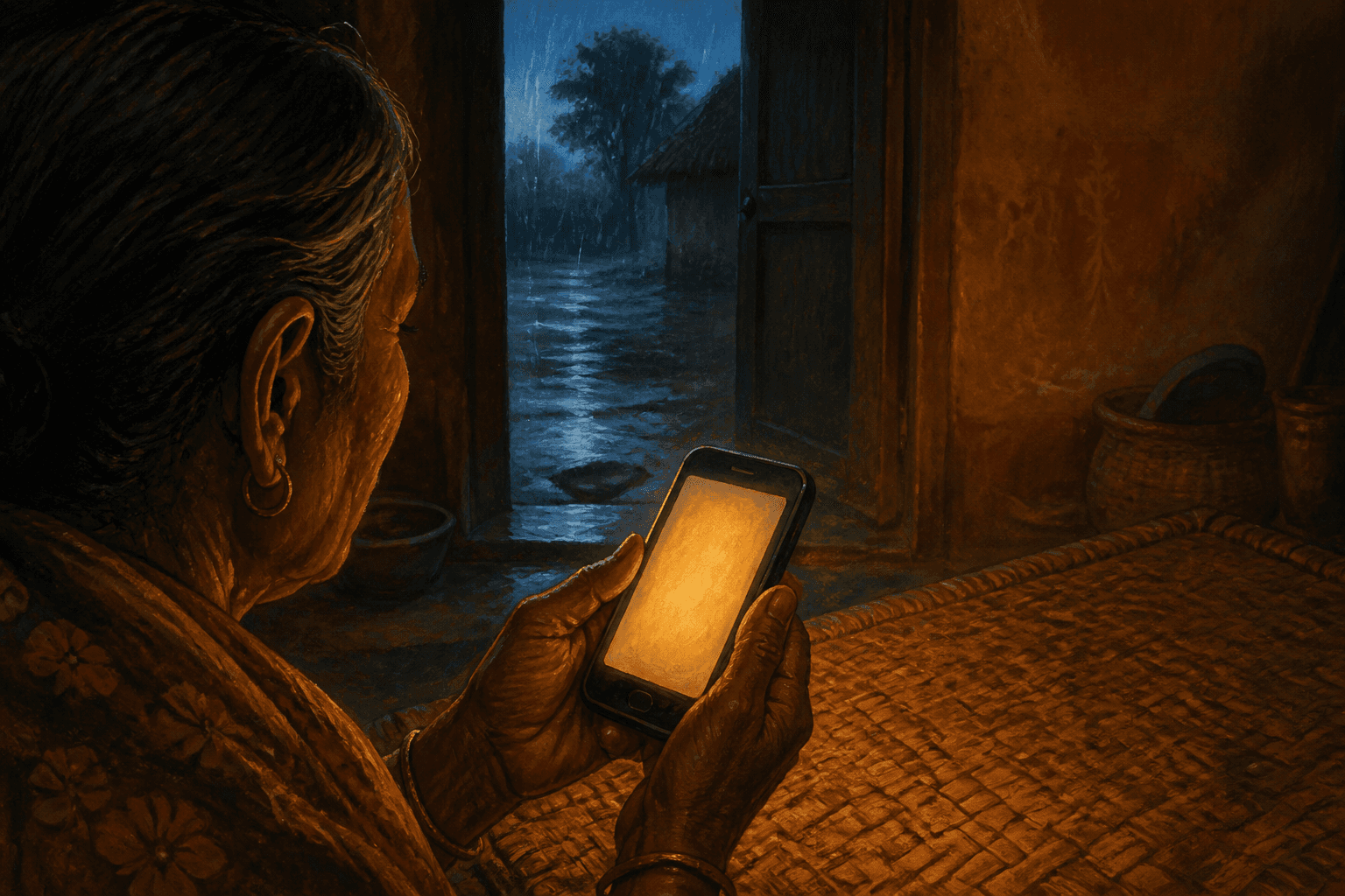 An older woman reading a lit phone in a doorway while floodwater stands in the yard outside