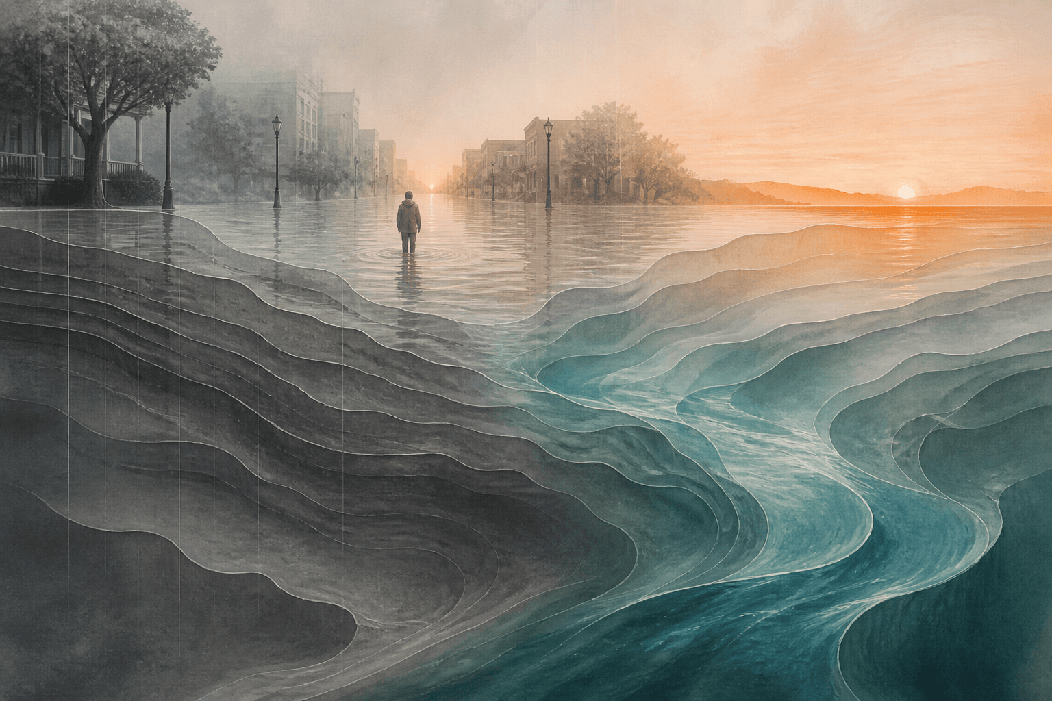 A figure standing in a flooded street at dawn, contour bands of water drawn across the foreground