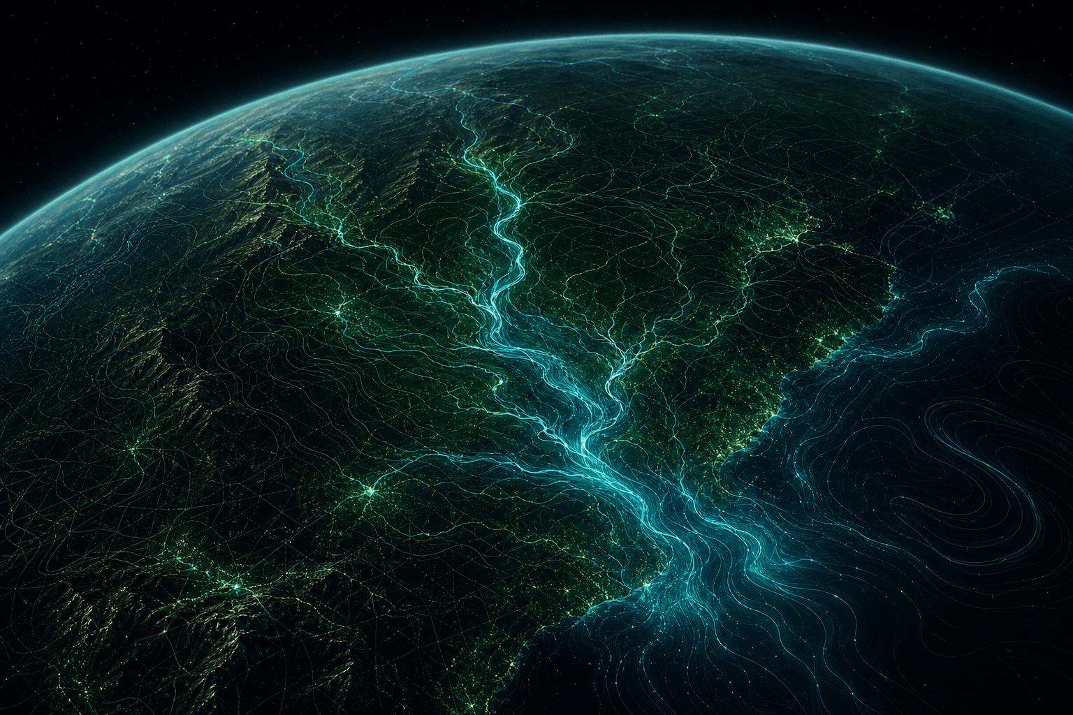 Earth from orbit with rivers rendered as glowing data contours