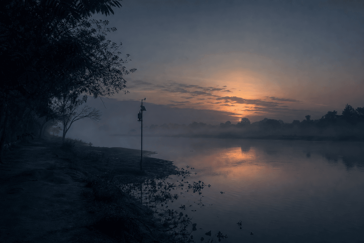 A misty riverbank at dawn with a lone sensor pole