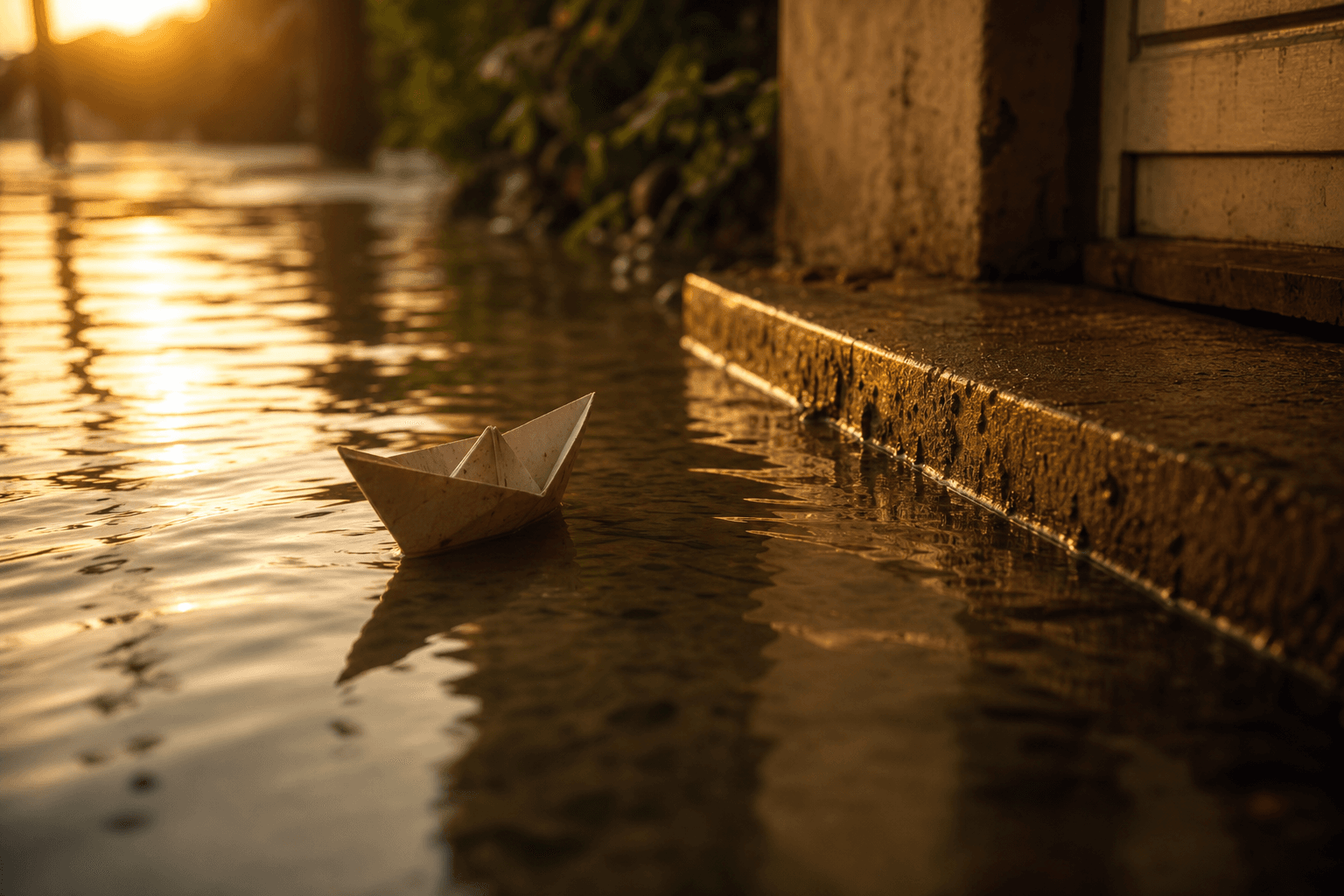 A child's paper boat floating on floodwater at golden hour