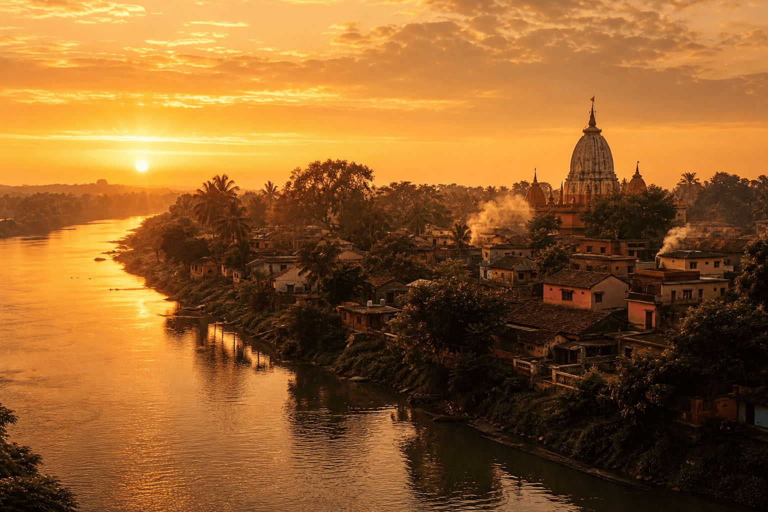 A riverside village in eastern India at golden sunset